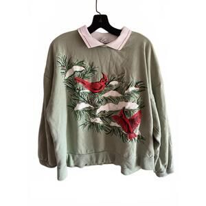 Haband For Her Green Embroidered Cardinal Birds White‎ Collar Sweatshirt 2X